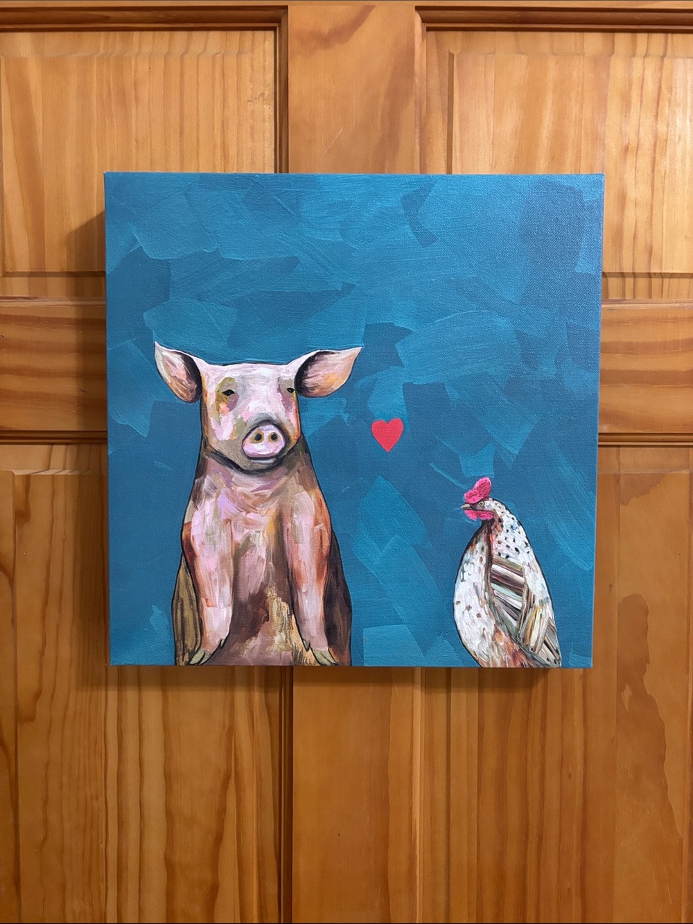 Teal Pig and Hen Canvas Wall Art